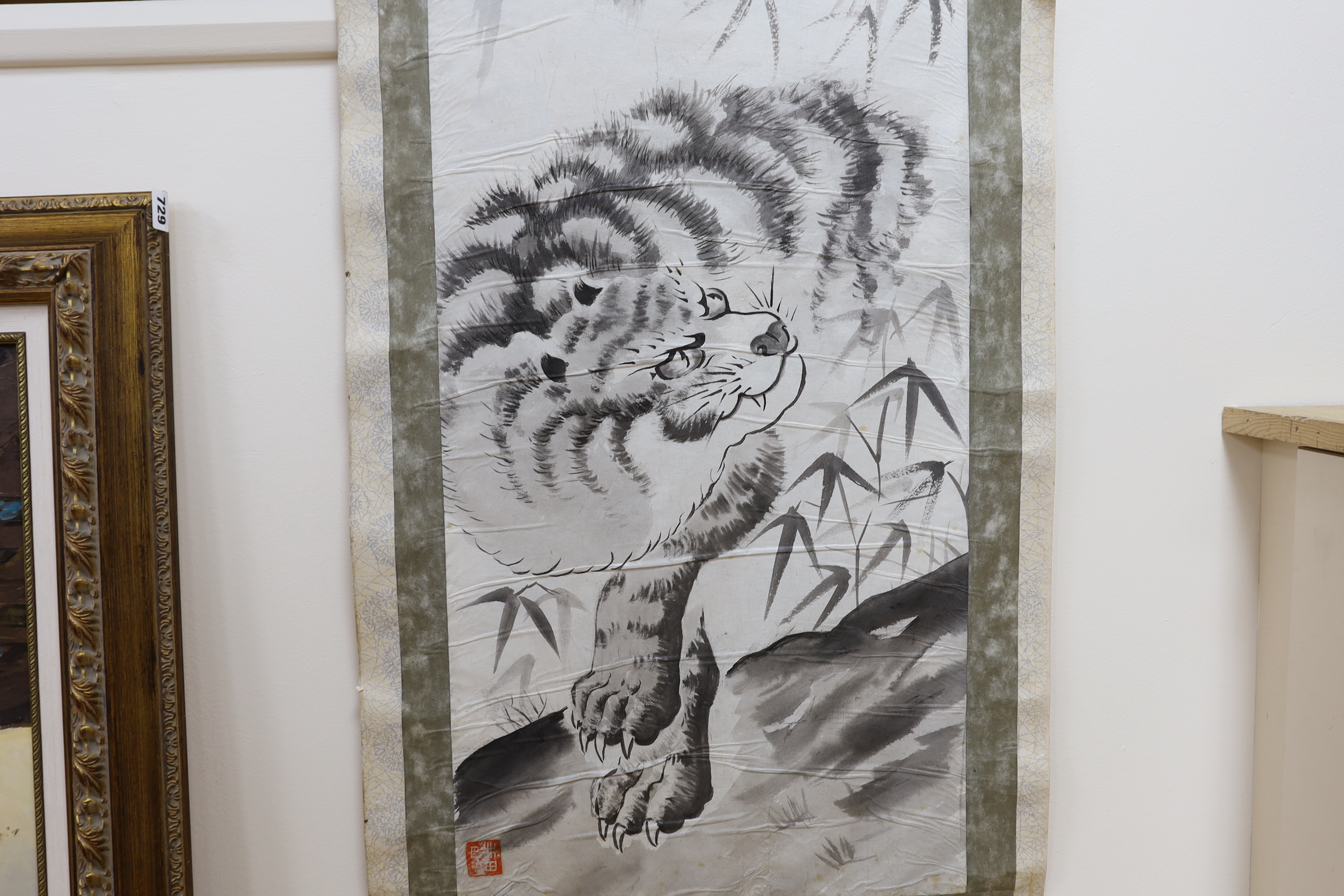 Hayashi Michkiken (Japanese late 20th century), watercolour scroll painting depicting a tiger and bamboo, inscribed and dated 64th year Showa for 1986, 119 x 40cm